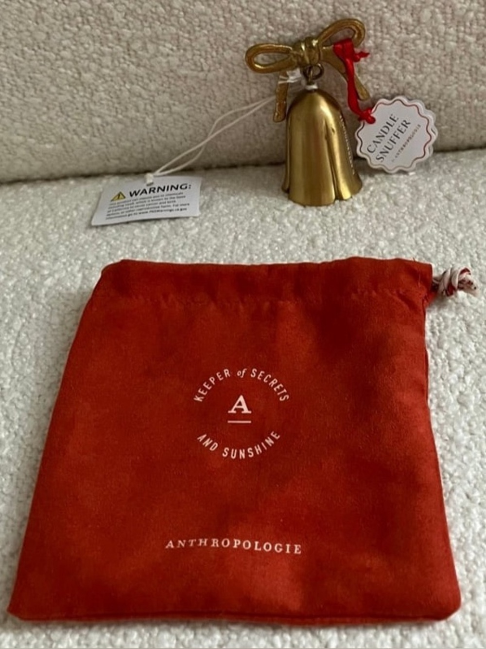 Anthropologie Gold Bell Candle Snuffer with Red Drawstring Pouch